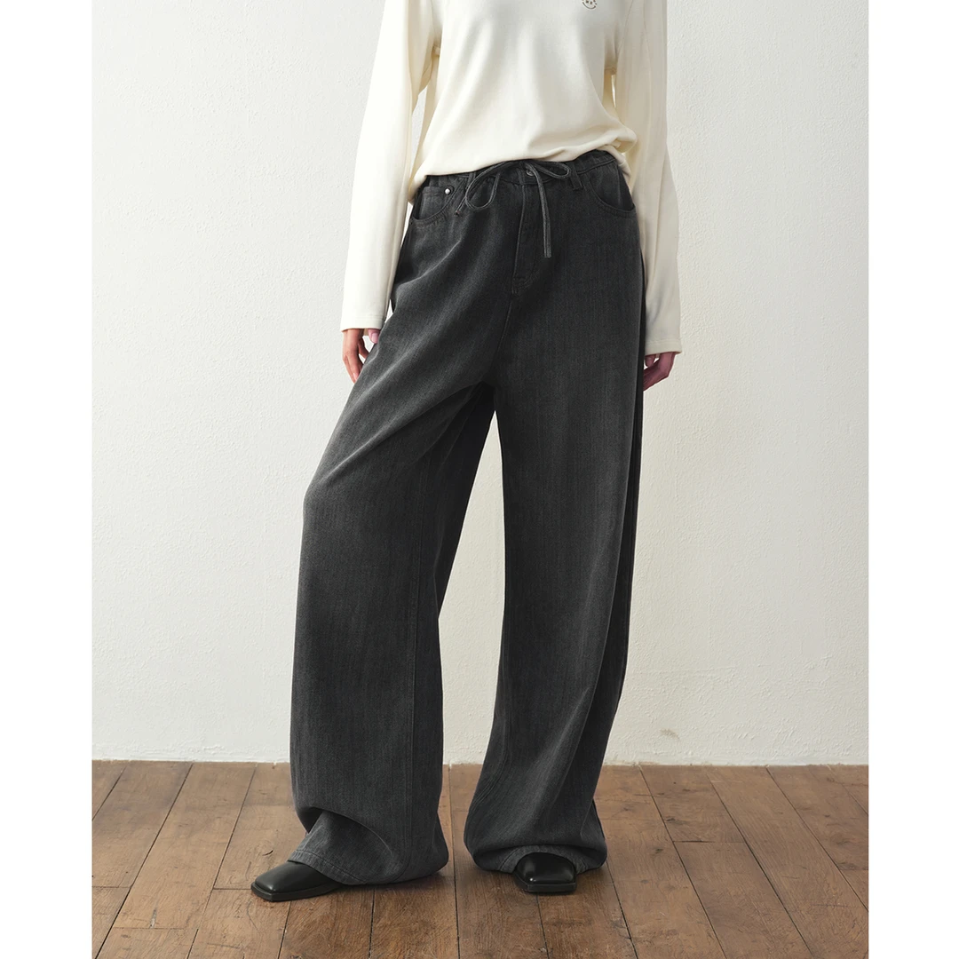 章鱼家【复古加厚】长裤女抽绳阔腿宽松薄绒保暖牛仔裤春秋octopus