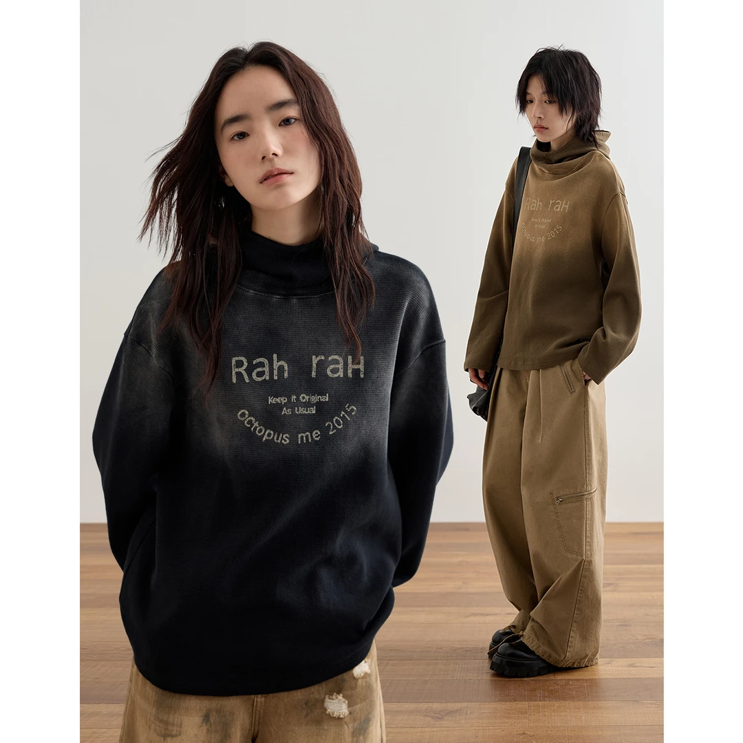 章鱼家【复古渐变】长袖华夫格卫衣女春秋宽松字母印花上衣octopusm