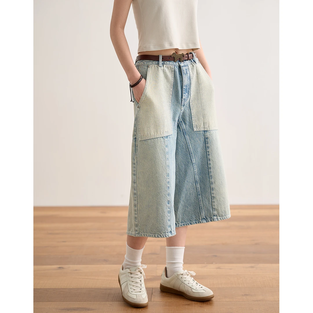 章鱼家【重工复古】分割撞色短款牛仔夏季宽松休闲裤子女octopusme