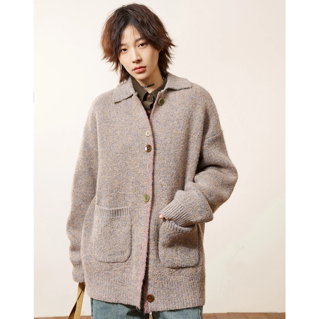 章鱼家【复古休闲】多扣宽松翻领长毛衣外套简约针织开衫octopus