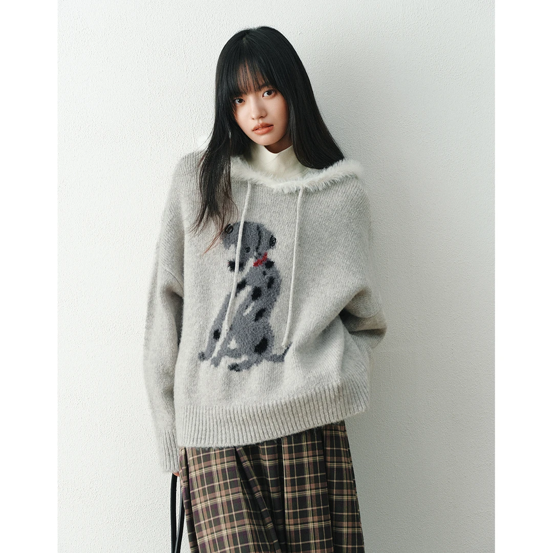 章鱼家【厚厚软糯针织】连帽慵懒上衣斑点狗提花针织卫衣octopusme