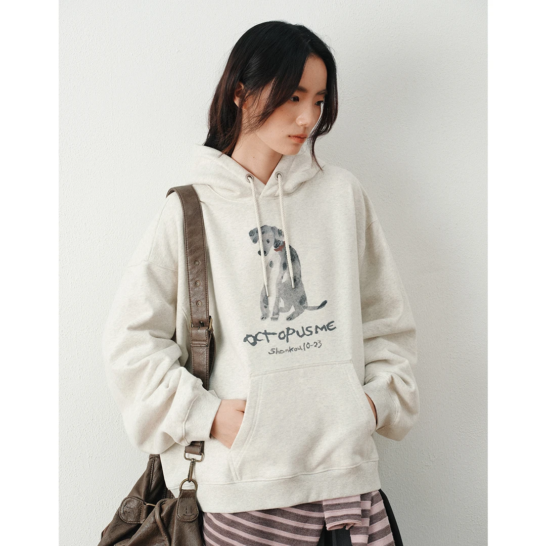 章鱼家【春秋帽衫】灰色抽绳上衣女斑点狗印花连帽宽松卫衣