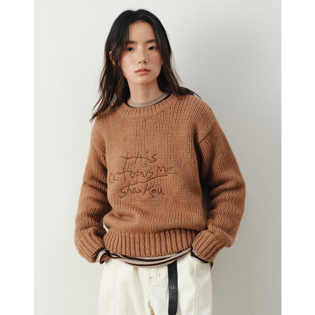 章鱼家【绣花撞色】春秋字母针织衫圆领绵羊毛套头新款毛衣octopusm