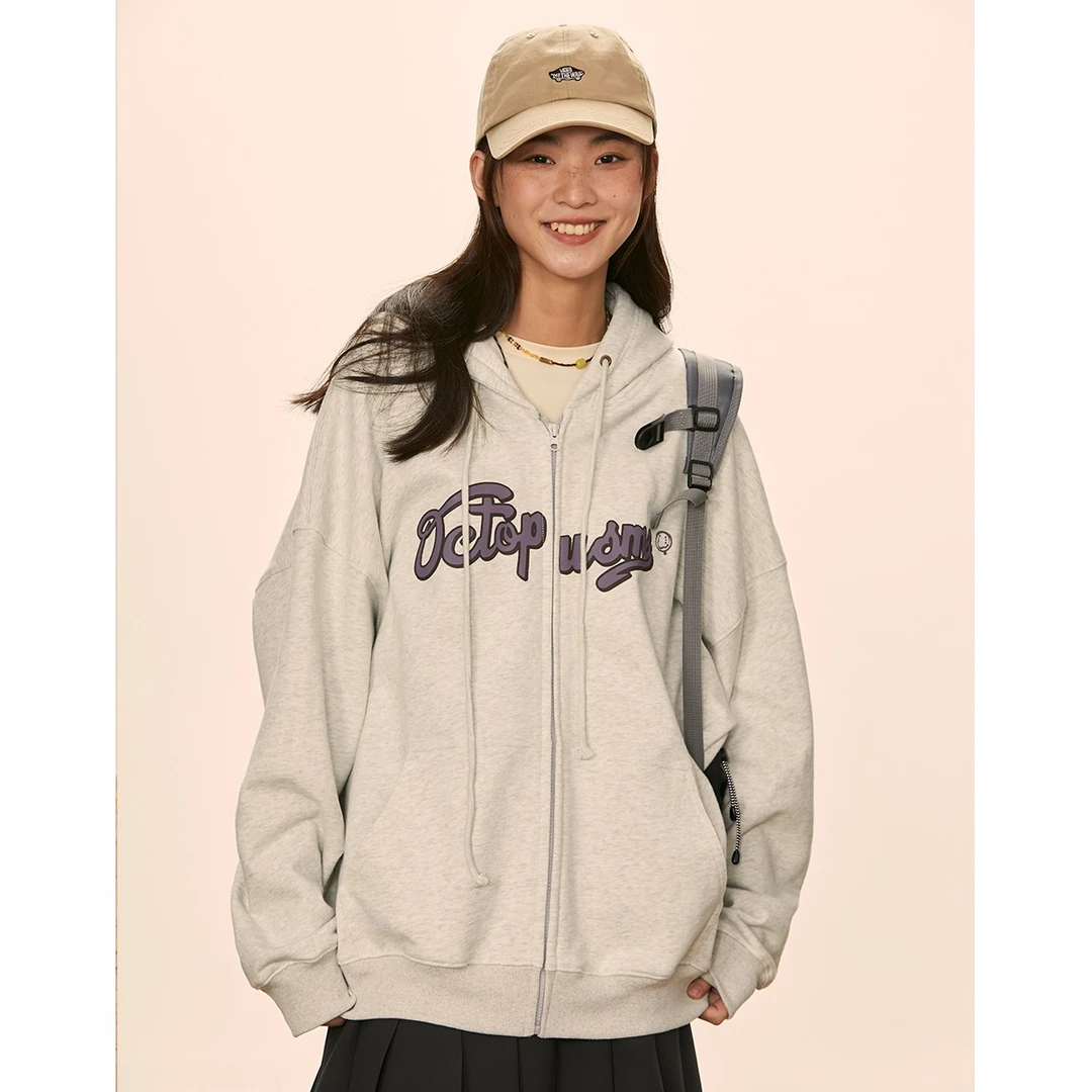 octopusme章鱼家 美式复古logo印花情侣连帽开衫春秋休闲卫衣春季