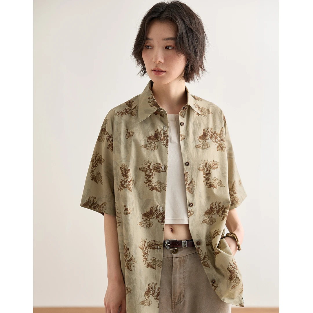 章鱼家【新中式】短袖衬衫2024新款女宽松复古印花衬衣octopusme