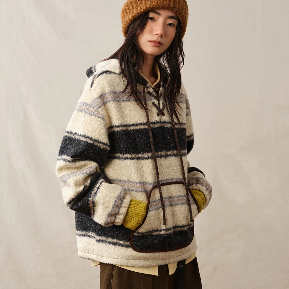 章鱼家【连帽加绒】套头冬季上衣卫衣女圈圈毛条纹春秋宽松