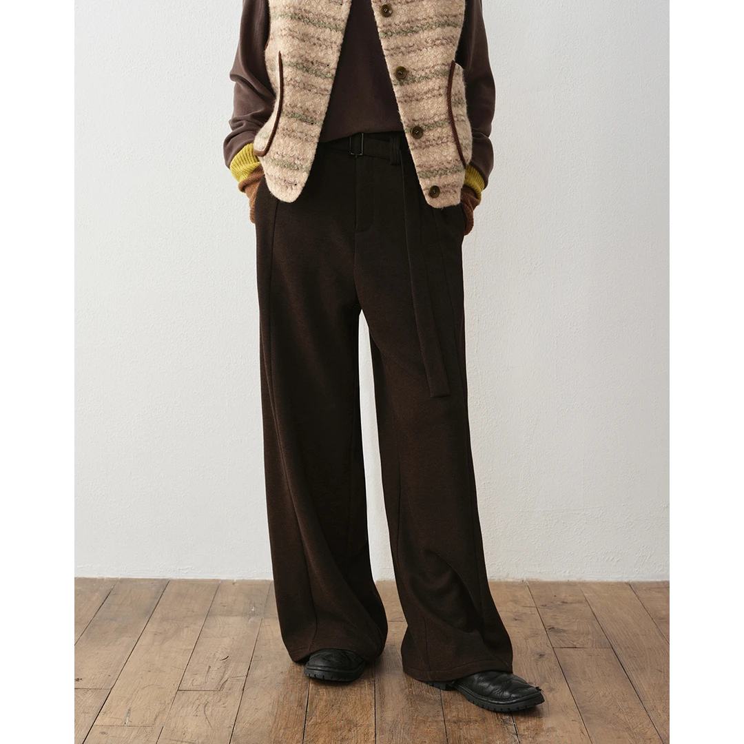 章鱼家【毛呢休闲裤】复古显瘦宽松黑色长裤子腰带阔腿春秋oct