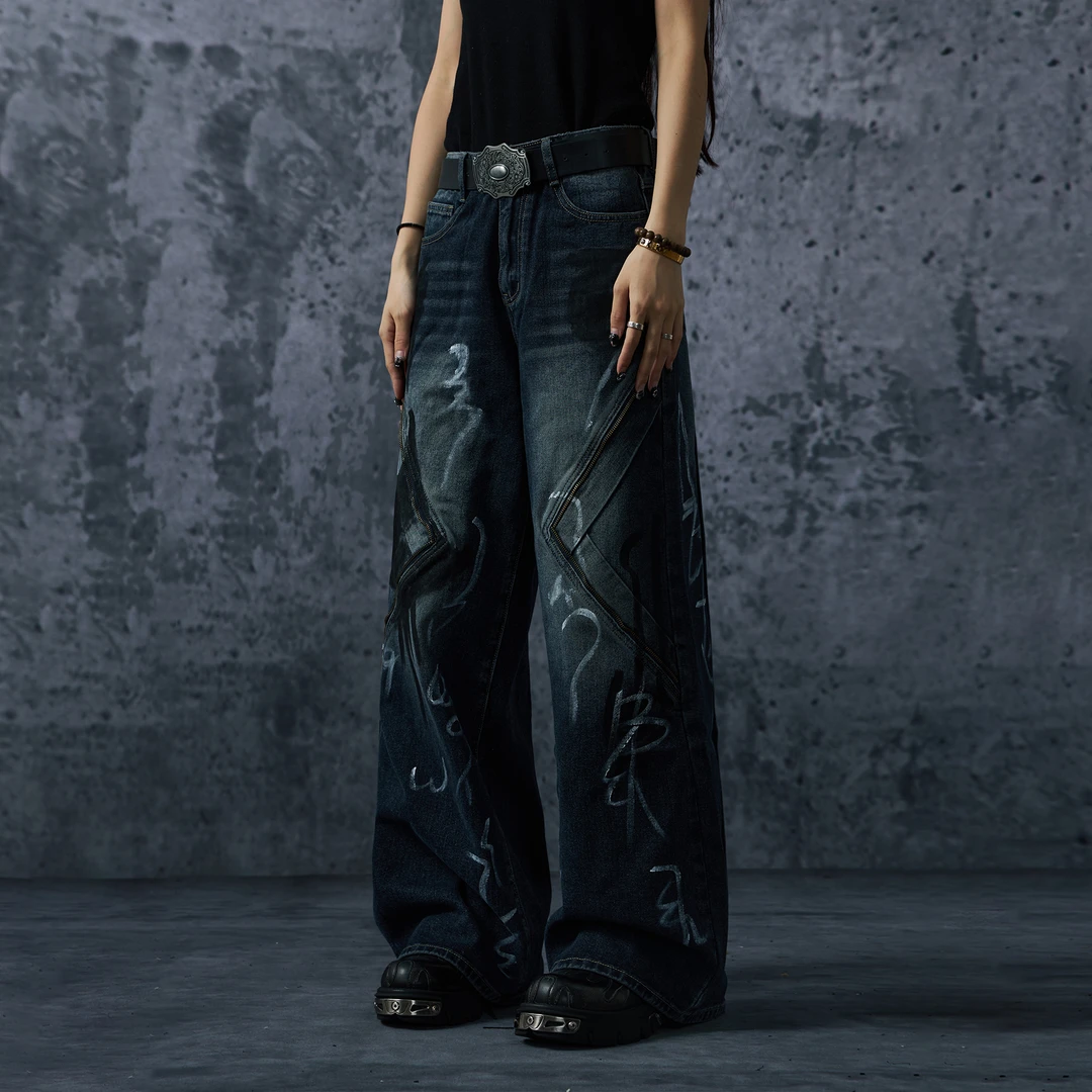 无人孤岛 立体裁剪解构设计牛仔裤手工涂鸦街头潮高级长裤