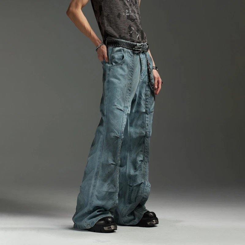 无人孤岛 血脉觉醒 原创手工擦色鱼骨打褶牛仔显高宽松微喇长裤k