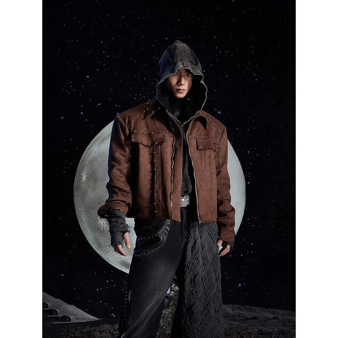 无人孤岛 复古美拉德痞帅高级铆钉翻领皮衣垫肩短款夹克外套