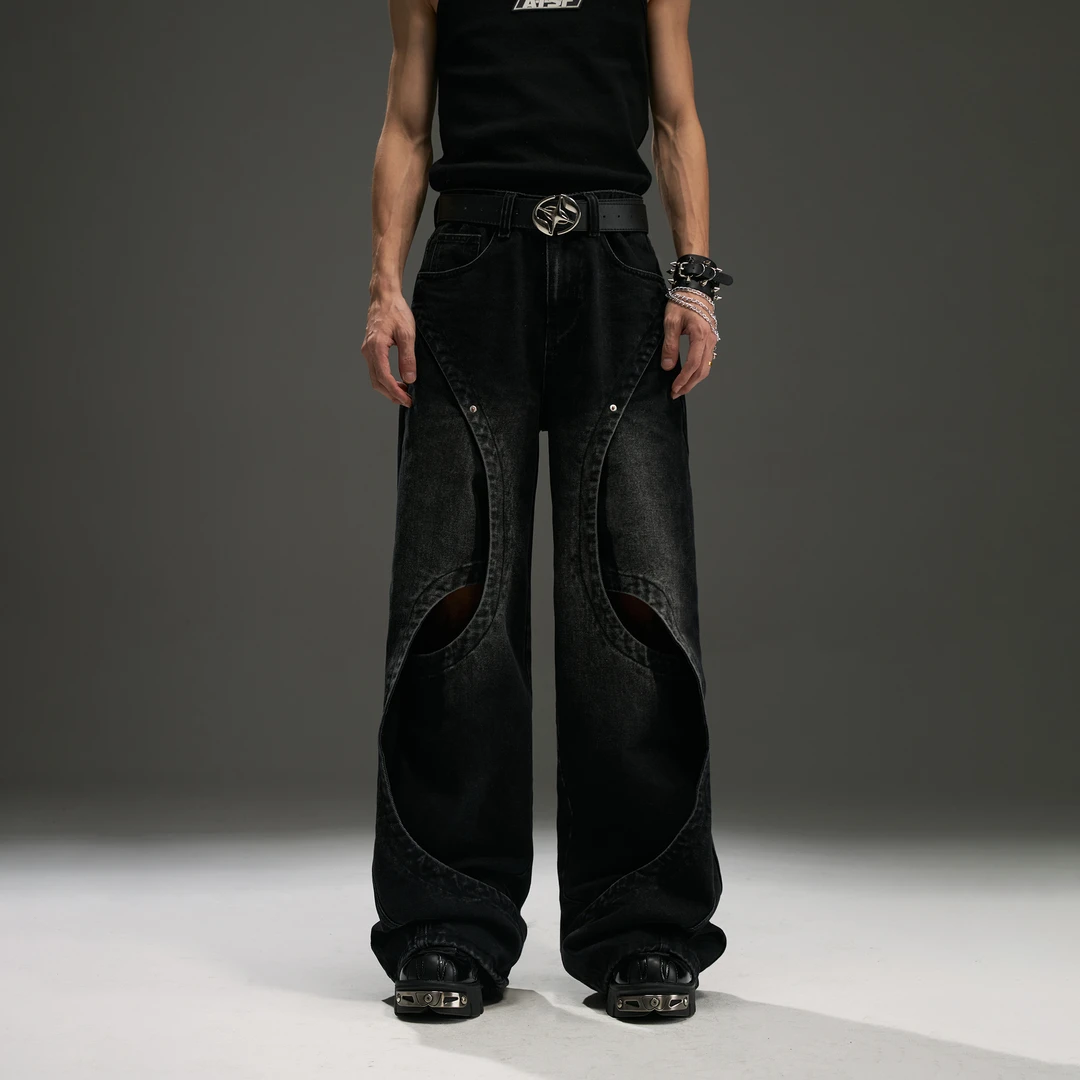 无人孤岛原创小众重工解构镂空拼接做旧水洗美式复古牛仔裤k