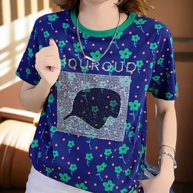 春夏烫钻帽子图案短袖重工休闲减龄女士T恤宽松百搭大码气质上衣