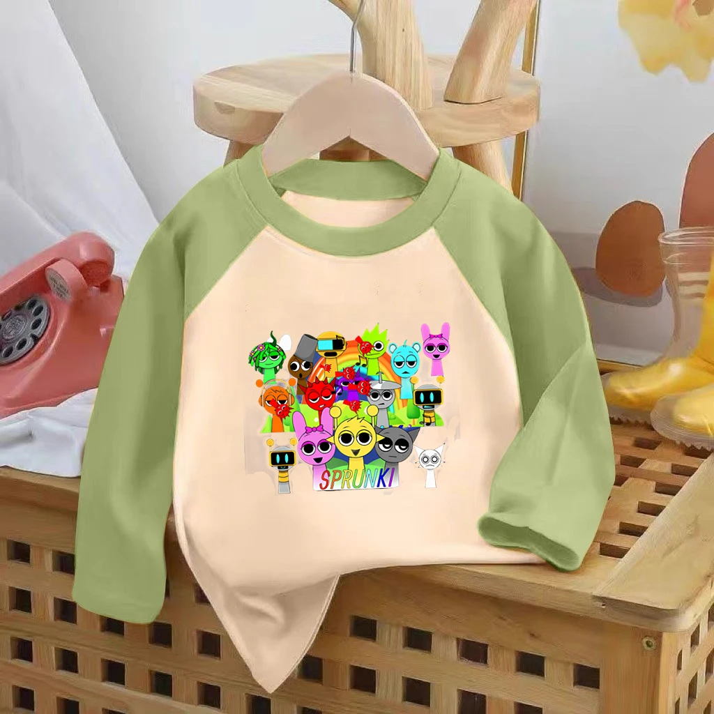 新款Sprunki 音乐节奏盒子衣服男童插肩t恤双面德绒打底衫中小童
