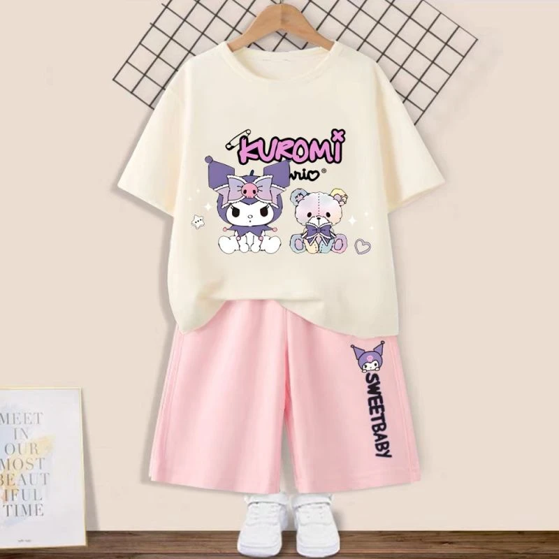 库洛米衣服童装女童夏季纯棉套装2024洋气中大儿童短裤短袖两件套