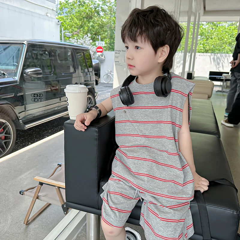 【条纹控】夏季新款儿童洋气条纹背心套装男童薄款两件套