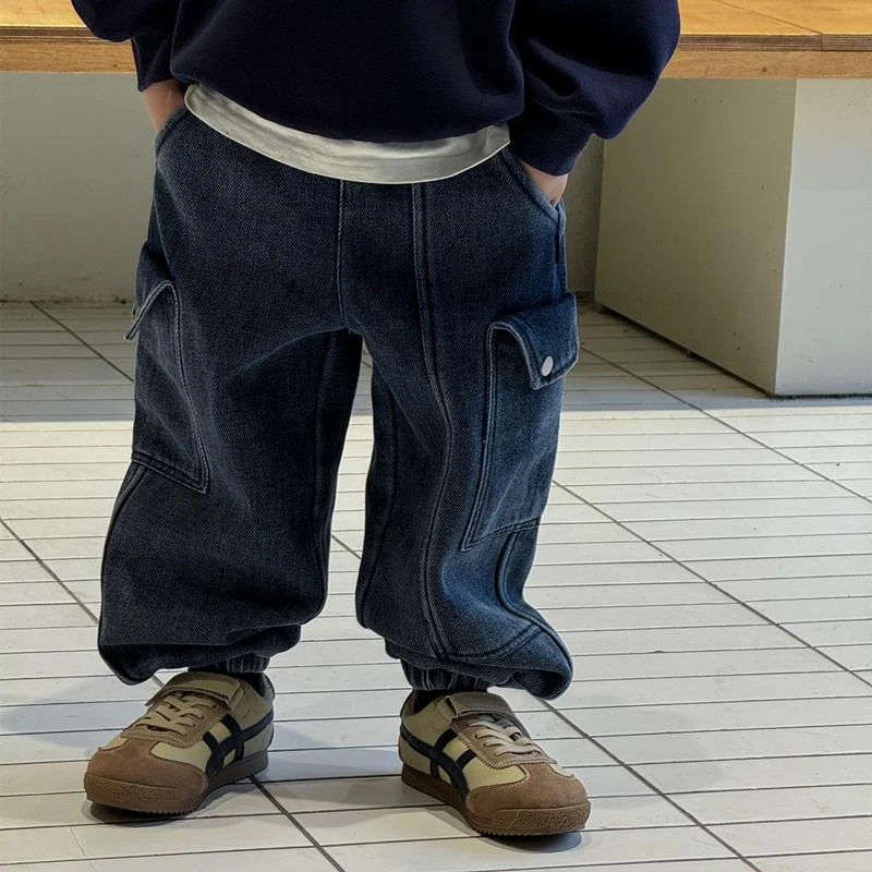 甜妈家童装 儿童洋气加绒工装牛仔裤冬装新款男童加厚裤子潮