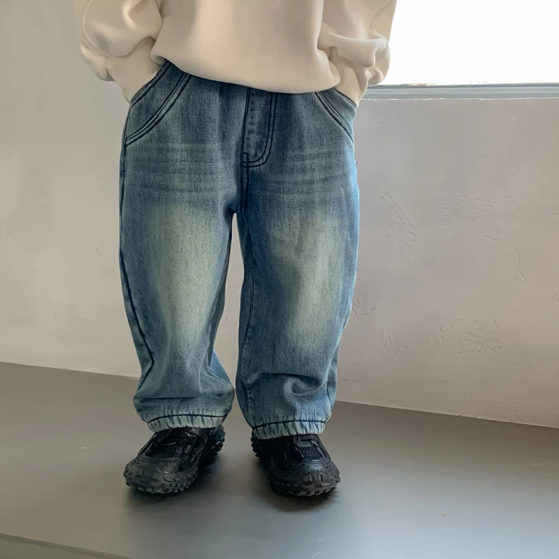 甜妈家童装 冬季儿童洋气加厚牛仔裤洋气男女童一体绒裤子宽松