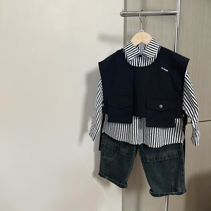 【泰裤啦】秋装儿童洋气时髦条纹衬衫男童工装马甲两件套装