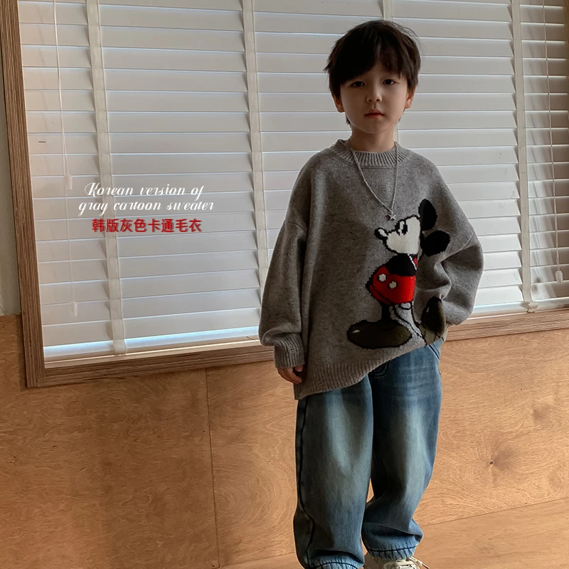 甜妈家童装 秋冬儿童灰色卡通毛衣洋气韩版年装男女童针织衫