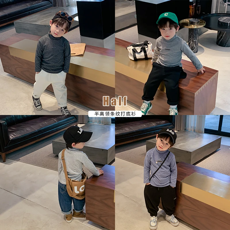 2022秋装新款童装男童半高领条纹T恤儿童宝宝休闲百搭打底衫春秋
