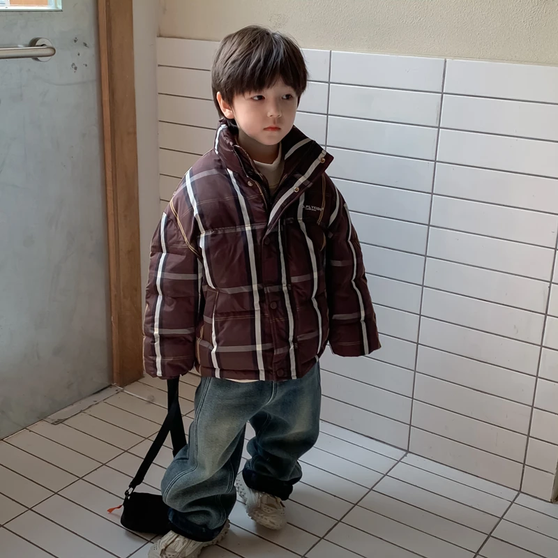 甜妈家童装 秋冬新品儿童白鸭绒外套男女童立领格子羽绒服