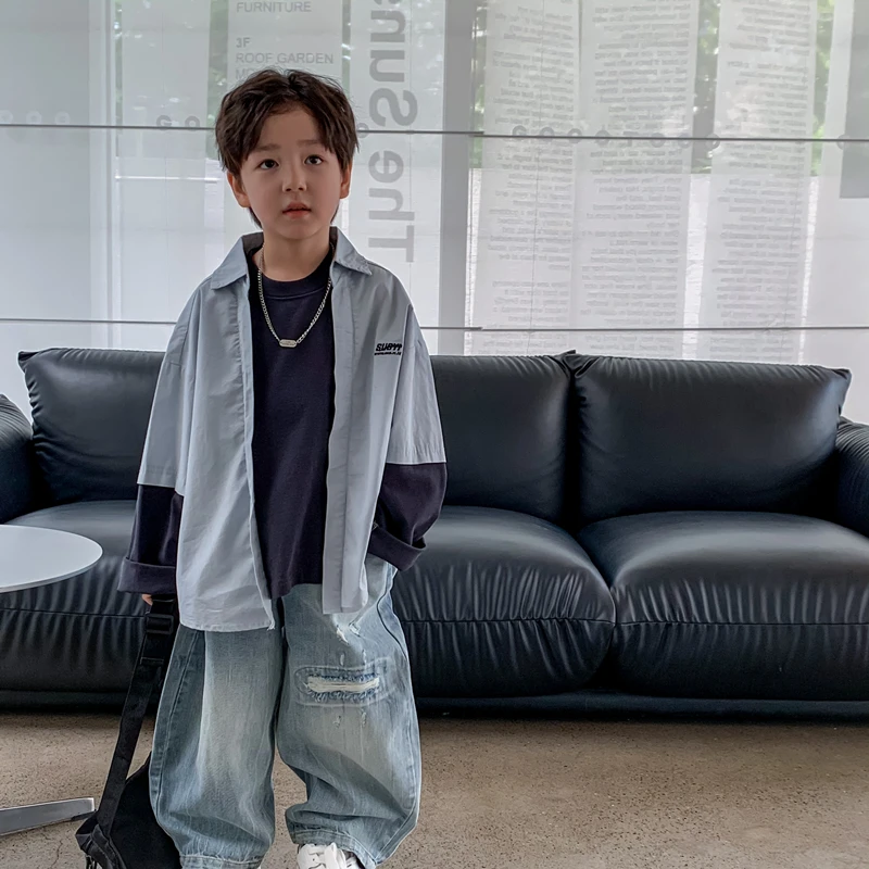 洋气童装儿童拼接袖假两件休闲风翻领衬衫25春新男童潮帅衬衣长袖