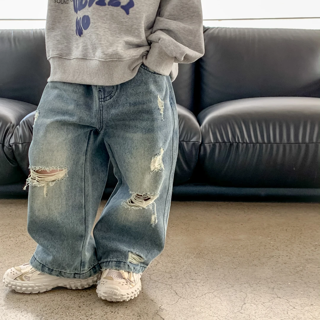 甜妈家童装 春季新款洋气儿童破洞牛仔裤韩版男女童长裤宽松直筒