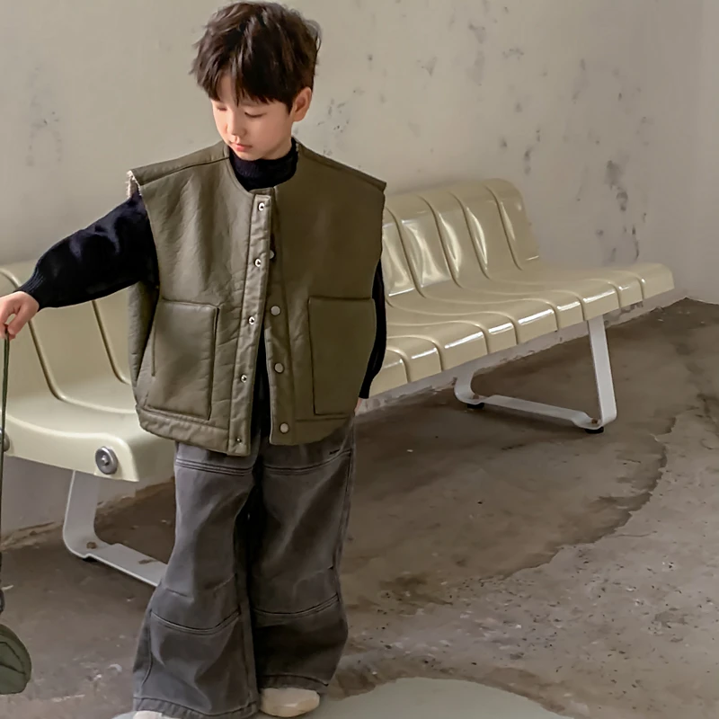 甜妈家童装 儿童洋气韩版皮马甲冬季新款男女童休闲加厚外套