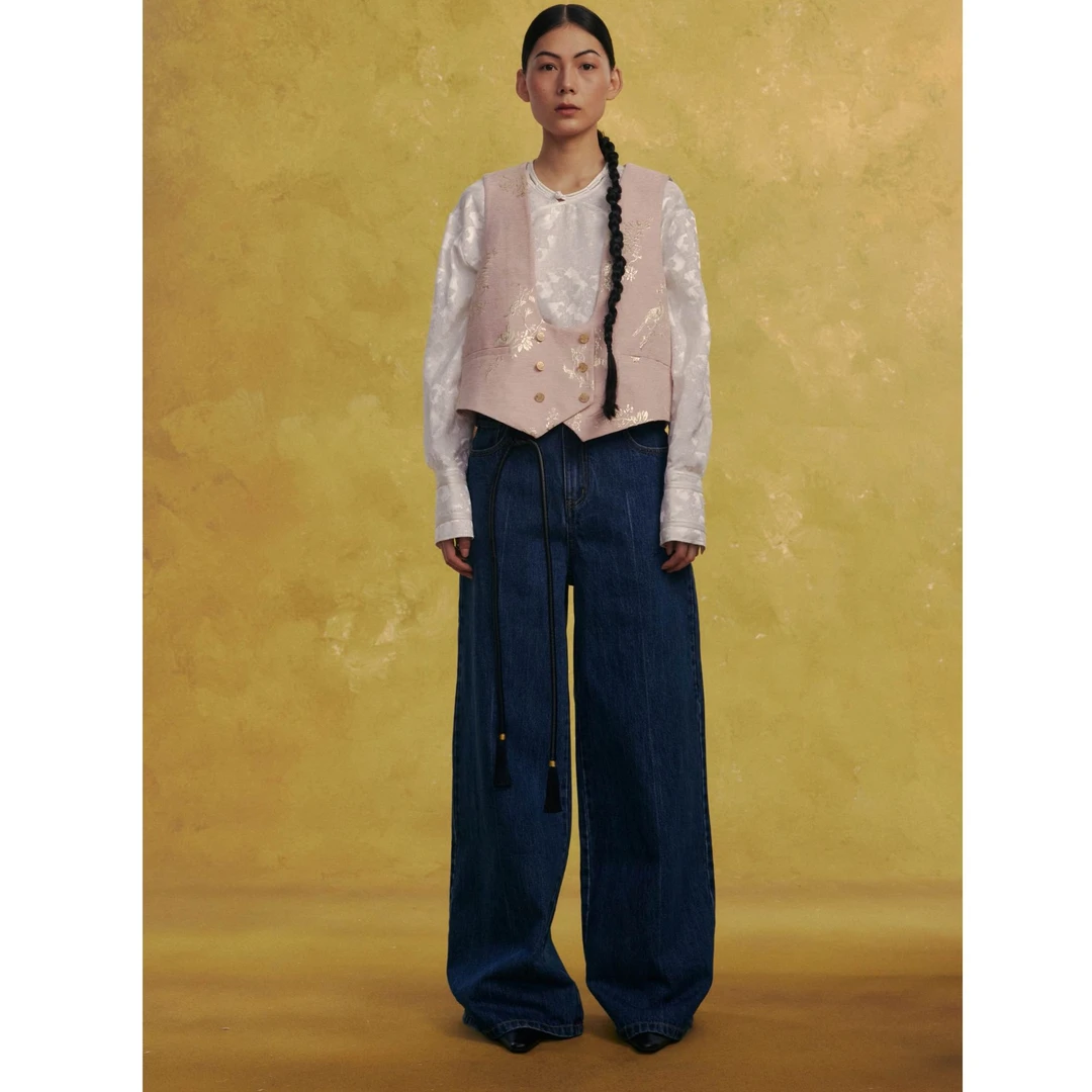 纳福中腰全棉阔腿牛仔裤