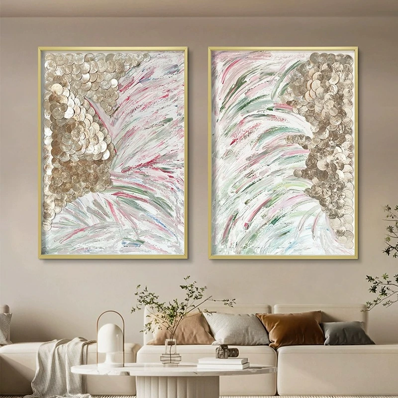 原创手绘艺术油画轻奢金色贝壳装饰客餐厅背景墙挂画走廊漫天华彩