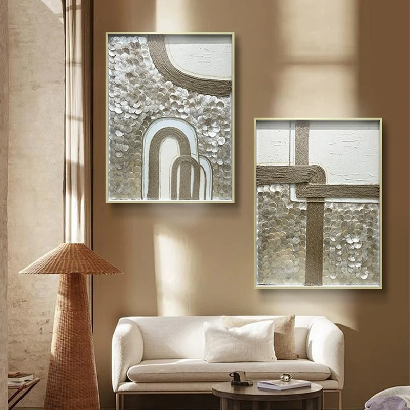 欧式轻奢贝壳装饰画创意几何艺术挂画手绘油画卧室织艺绳香两联画
