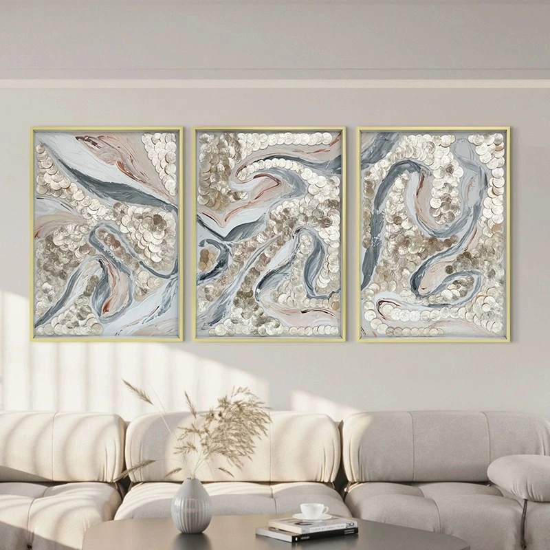 五折清仓！贝壳装饰画创意术手绘油画客厅茶室壁三联挂画行云锦梦