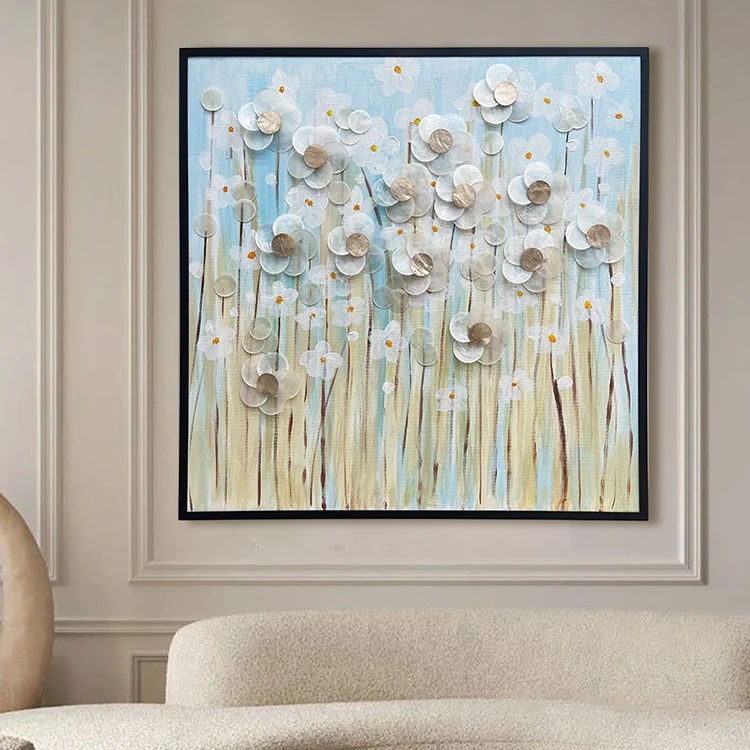 原创小清新手绘油画客厅餐厅贝壳装饰画高档设计师款爱尔兰绿野