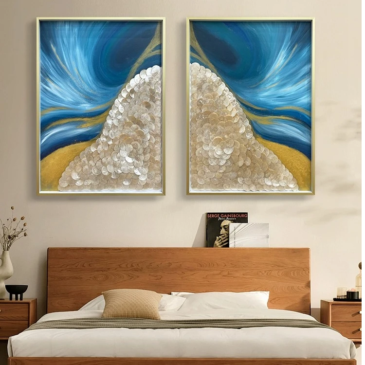 法式轻奢手绘油画创意家居贝壳装饰画玄关客餐厅背景墙蓝梦金影