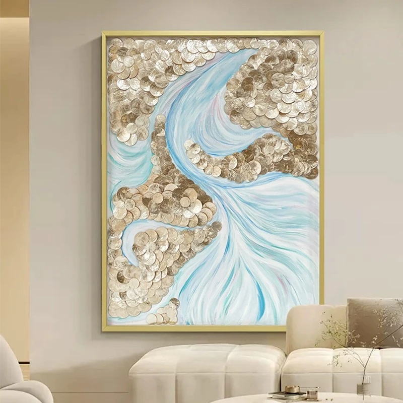 手工餐厅装饰画肌理感手绘油画贝壳装饰手工镶嵌创意玄关金沙碧浪