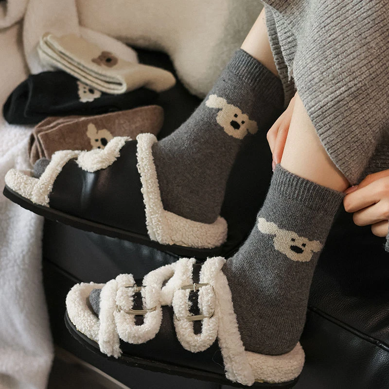 纯色小狗袜子女中筒袜ins潮秋冬可爱日系复古堆堆袜冬天保暖长袜