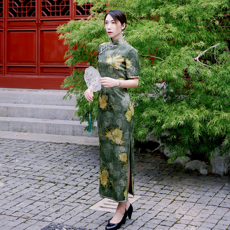 【京派】（岁月年华）真丝桑波锻香云纱葫芦盘扣旗袍经典款旗袍