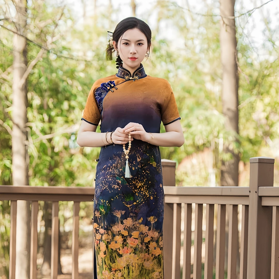2024新款上新曼雨菲满分桑蚕丝香云纱中国风旗袍高考长款旗袍