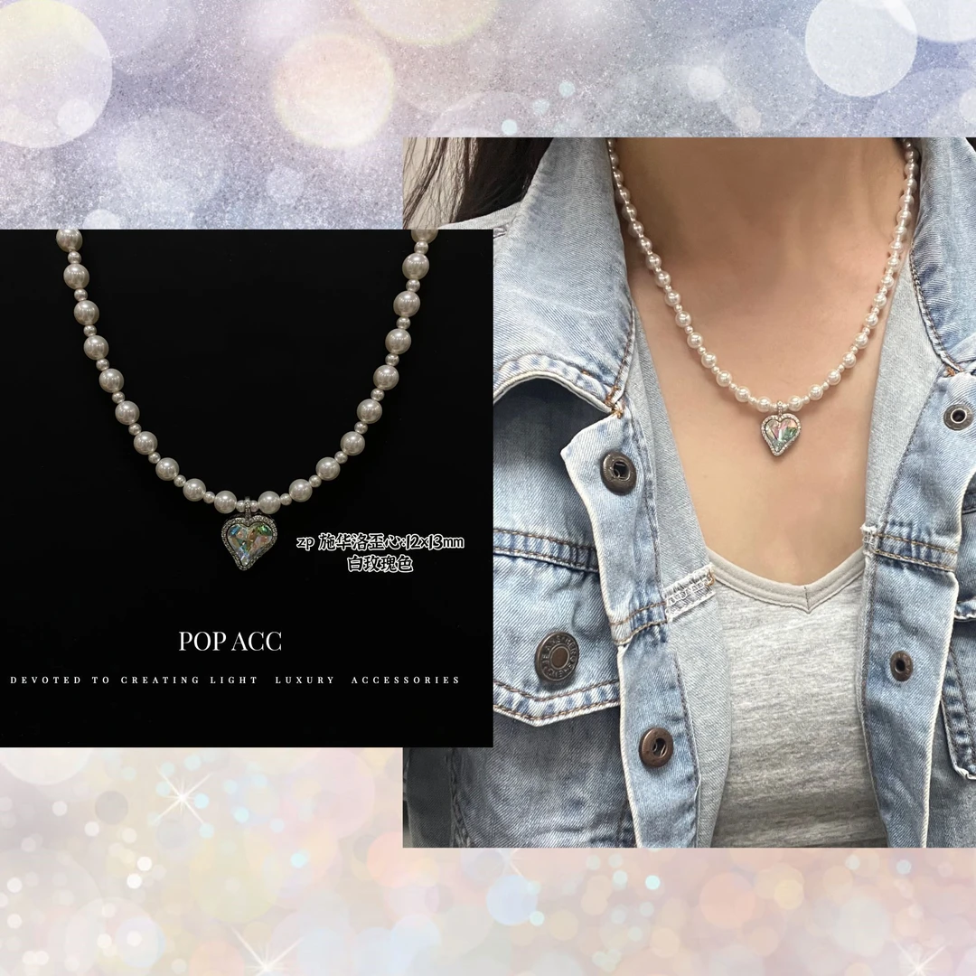 铜合金仿珍珠项链 原创款施华洛华子歪心3-5mm珠珠项链