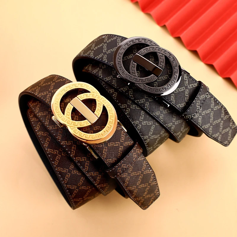 新款轻奢牛皮皮带男士高档格子纹自动扣西裤腰带中年时尚百搭经典