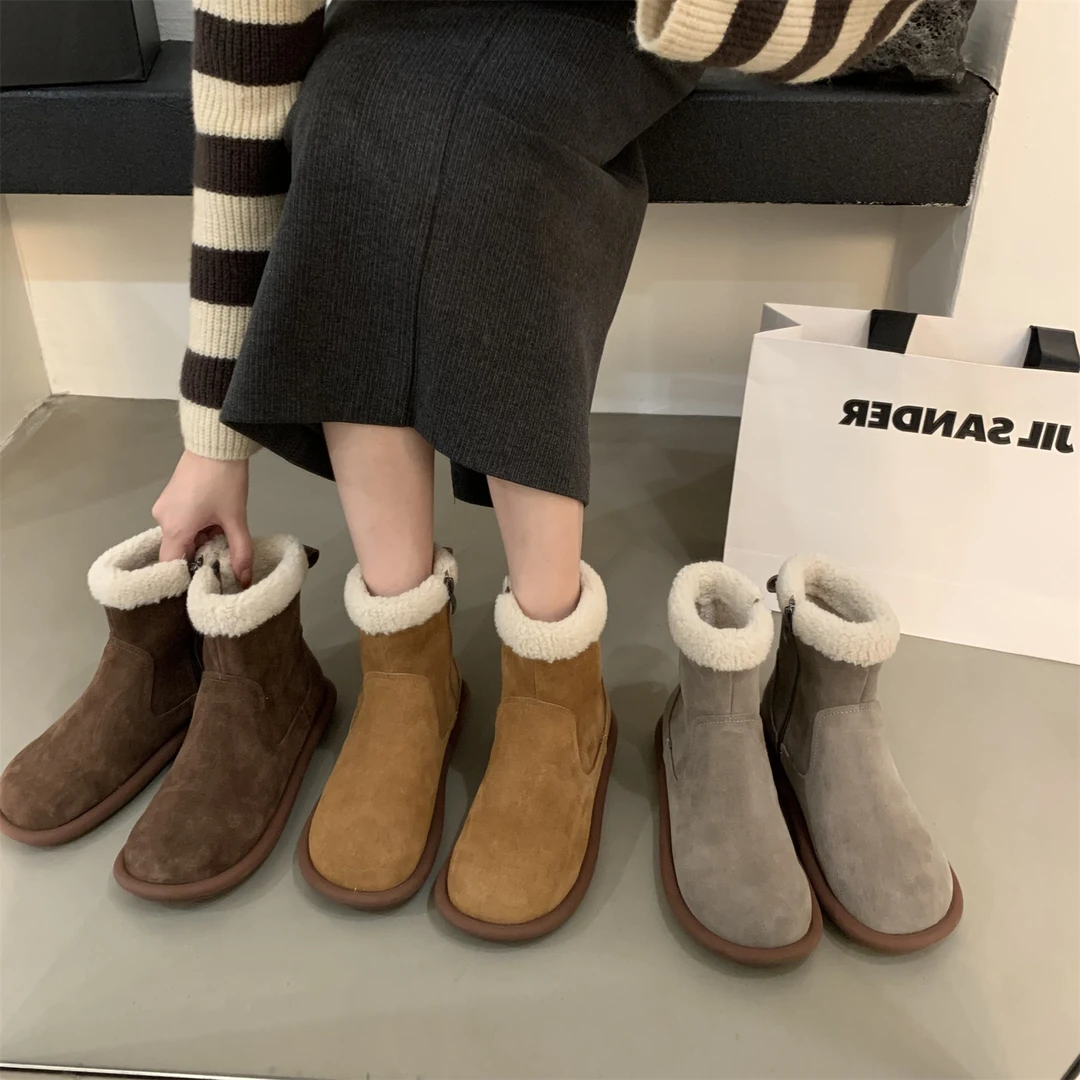 雪地靴女冬2024年新款森系复古加绒棉鞋子百搭平底丑萌毛毛短靴女