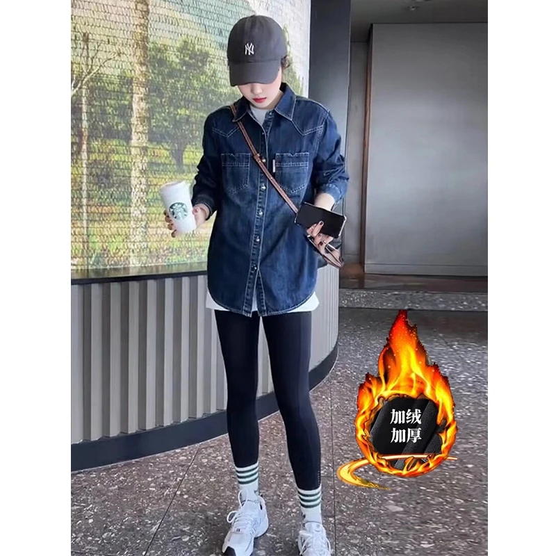 加绒加厚保暖软牛仔衬衫女2024秋冬季百搭复古一体绒叠穿衬衣上衣