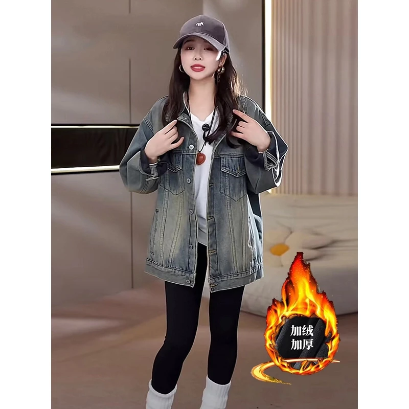 水洗复古加绒加厚牛仔外套女秋冬男女同款情侣工装夹克上衣ins潮