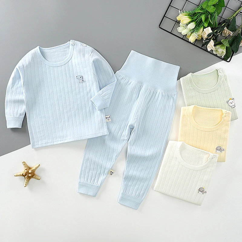 婴儿睡衣服四季女宝宝男纯棉提花长袖套装秋衣秋裤高腰幼儿童内衣