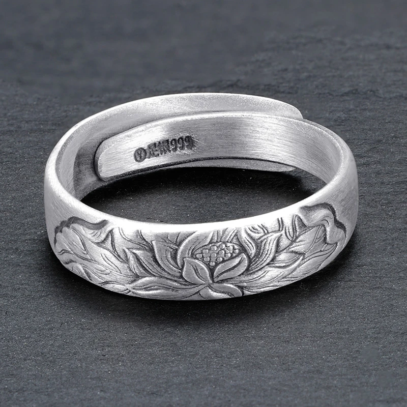 GDE 足银戒指 999纯银男戒指古法尾戒纯手工做旧素款莲花戒指古风