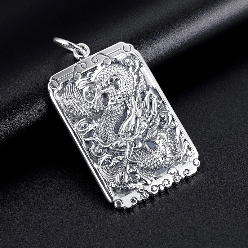 吊坠足银 龙牌吊坠项链男纯银项链韩版方牌龙个性霸气饰品男款999