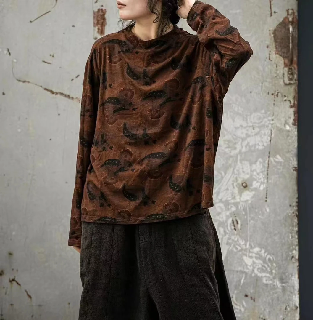 疯子张24秋款复古印花文艺休闲衬衫领口带扣长袖上衣#08339