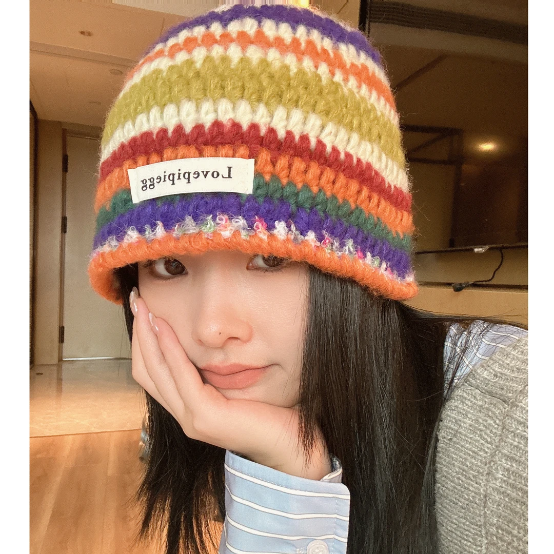 霁雪西子【复古多巴胺】手工针织帽女秋冬三件套显脸小盆帽毛线帽