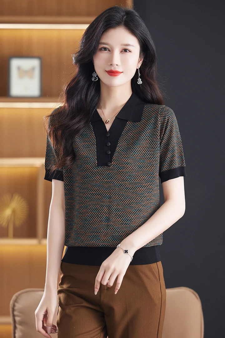 【天丝】新款夏季女士翻领短袖T恤显瘦时尚宽松百搭洋气薄款