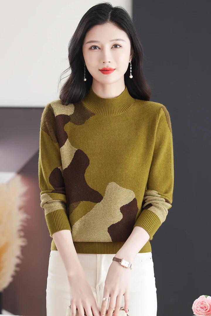 2024新款冬季女士半高领毛衣保暖气质宽松显瘦拼接针织打底内搭